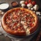 traditional slice closeup round pizza with mozzarella and mushroom, tomatoes, meat, and sauce. ai generated