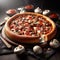 traditional slice closeup round smoky pizza with mozzarella and mushroom, tomatoes, meat, and sauce. ai generated