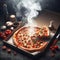 traditional slice closeup round smoky pizza with mozzarella and mushroom, tomatoes, meat, and sauce. ai generated