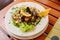 Traditional slovenian cuisine, seafood salad with fresh mussels, selective focus