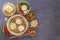 Traditional snacks of Chinese cuisine dim sum - dumplings, spicy salads, vegetables, steam bread