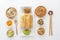 Traditional snacks of Chinese cuisine Dim Sum - tortillas - bings in a plate on a white background, spicy salads, vegetables