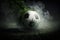 Traditional soccer ball on soccer field on green grass with dark toned foggy background. Neural network generated art