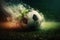 Traditional soccer ball on soccer field on green grass with dark toned foggy background. Neural network generated art