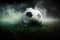 Traditional soccer ball on soccer field on green grass with dark toned foggy background. Neural network generated art