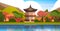 Traditional South Korea Landscape Palace Or Temple Over Mountains Korean Building Famous Landmark View