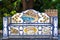 Traditional Spanish bench, decorated with beautiful Andalusian ceramics. Marbella, Spain