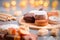 Traditional Spanish Christmas sweets turron, polvorones, mantecados with Christmas decor on grey table top