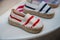 Traditional Spanish shoes for summer, espadrilles, make from soft fabric for baby, children and adults