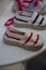 Traditional Spanish shoes for summer, espadrilles, make from soft fabric for baby, children and adults