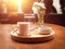 Traditional sparkling turkish coffee served with porcelain cup, chocolate, glass of water and flowers