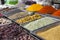 Traditional spices and dry fruits in local bazaar in India.