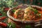 Traditional Spicy Meatballs in Savory Tomato Sauce with Fresh Herbs and Garnish in Rustic Kitchen Setting