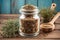 Traditional spicy salt with thyme in a glass jar