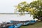 Traditional Sri Lankan Oruwa fishing boats lined in lakeshore