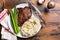 Traditional steak and mashed potatoes with asparagus