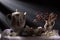 Traditional still life with antique tea set on a gray background