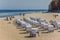 Traditional Strandkorbe chairs on the beach of Sellin