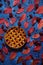 Traditional strawberry pie tart cake sweet baked pastry food on color blue background. Autumn composition decoration.