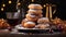 Traditional Sufganiyot, Hanukkah Donuts with Powdered Sugar and Candles on Table