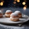 Traditional Swedish Semla buns on a plate, on festive background with bokeh lights. Scandinavian winter dessert. Generative AI