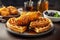 Traditional sweet and savory American dish of crunchy fried chicken and waffles drizzled with maple syrup. Hearty comfort food