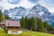 Traditional Swiss style houses on the green hills with forest in the Alps area of Switzerland, Europe