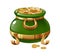 Traditional symbolic pot filled with gold coins depicting four-leaf clover.
