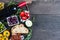 Traditional tapas buffet on wooden table from above