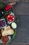 Traditional tapas buffet on wooden table from above