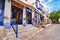 Traditional taverns and shops at Hydra island Greece