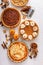 Traditional Thanksgiving pies with pumpkin pie in the middle