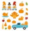 Traditional Thanksgiving symbols - pumpkins, turkey, gnomes, crops, farm truck, pie