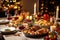 Traditional Thanksgiving turkey dinner. Turkey, mashed potatoes, dressing, pumpkin pie and sides. On wooden table.