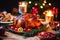 Traditional Thanksgiving turkey dinner. Turkey, mashed potatoes, dressing, pumpkin pie and sides. On wooden table.