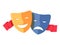 Traditional theater symbol, comedy and tragedy masks with red ribbon. Yellow happy and blue sad mask icon