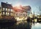 Traditional timbered houses near the river. Medieval home facade, historic town Strasbourg