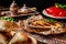 Traditional Turkish, Arabic cuisine. Hummus with salami sausage, in a clay plate, with parchment on a wood table. Serving dishes