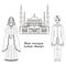 Traditional turkish clothing, national middle east cloth, man and woman sultan costume and The Blue Mosque, Sultanahmet Camii