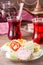 Traditional Turkish Delight on a saucer and hot karkade in cups