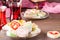 Traditional Turkish Delight on a saucer and hot karkade in cups