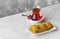 Traditional Turkish Desserts Baklava with Turkish Tea