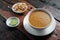 Traditional Turkish lentil soup on rustic wooden table