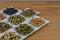 Traditional turkish olives on wood table