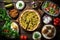 Traditional turkish pizza with meat and vegetables on wooden background. Top view, Selection of traditional Greek food, salad,
