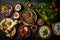 Traditional turkish pizza with meat and vegetables on wooden background. Top view, Selection of traditional Greek food, salad,