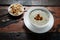 Traditional Turkish yogurt soup on rustic wooden table