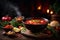 Traditional Ukrainian borscht on dark background. Commercial promotional food photo