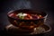 Traditional Ukrainian borscht with sour cream on dark wooden background. Generative AI