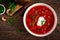 Traditional ukrainian borscht, vegetable soup with tomato, beet, carrot, potato, pepper, cabbage and fresh greens, beetroot soup i